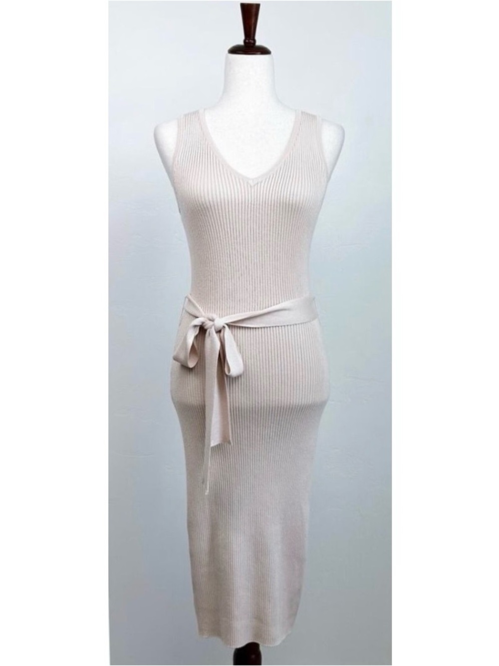Active USA Neutral Beige Rib Knit Bodycon Belted V-Neck Sleeveless Midi Dress